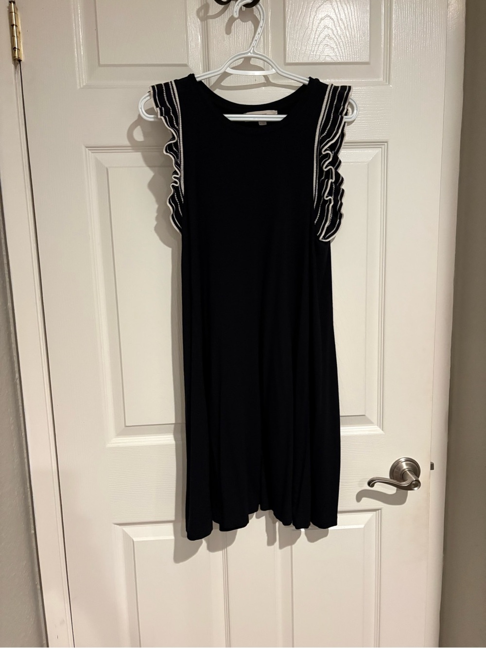LOFT Black Swing Dress with Contrast Ruffle Sleeves